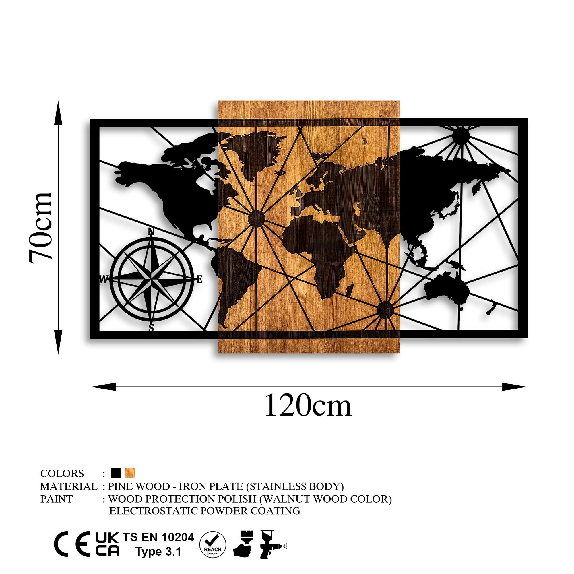 Wallity Elegante accessorio decorativo da parete in legno, 70 x 120 cm, 100% vero legno (3 cm) e metallo (1,5 mm), finitura unica noce e nera, perfetto per la decorazione della casa