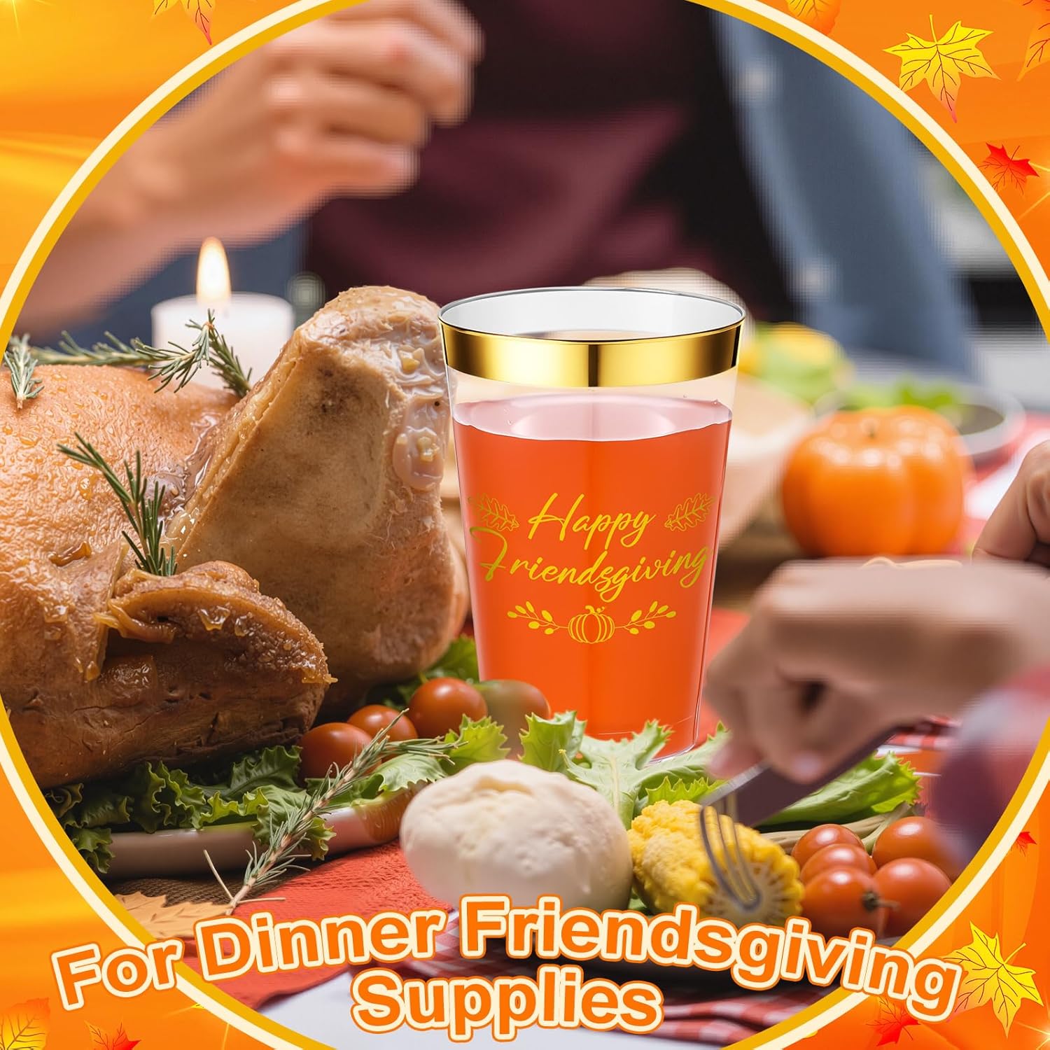 Potchen 24 Pcs Happy Friendsgiving Cups Friendsgiving Party Decoration 12oz Gold Foil Clear Plastic Disposable Drinking Cups for Thanksgiving Fall Pumpkin Autumn Party Supplies (Classic Style)