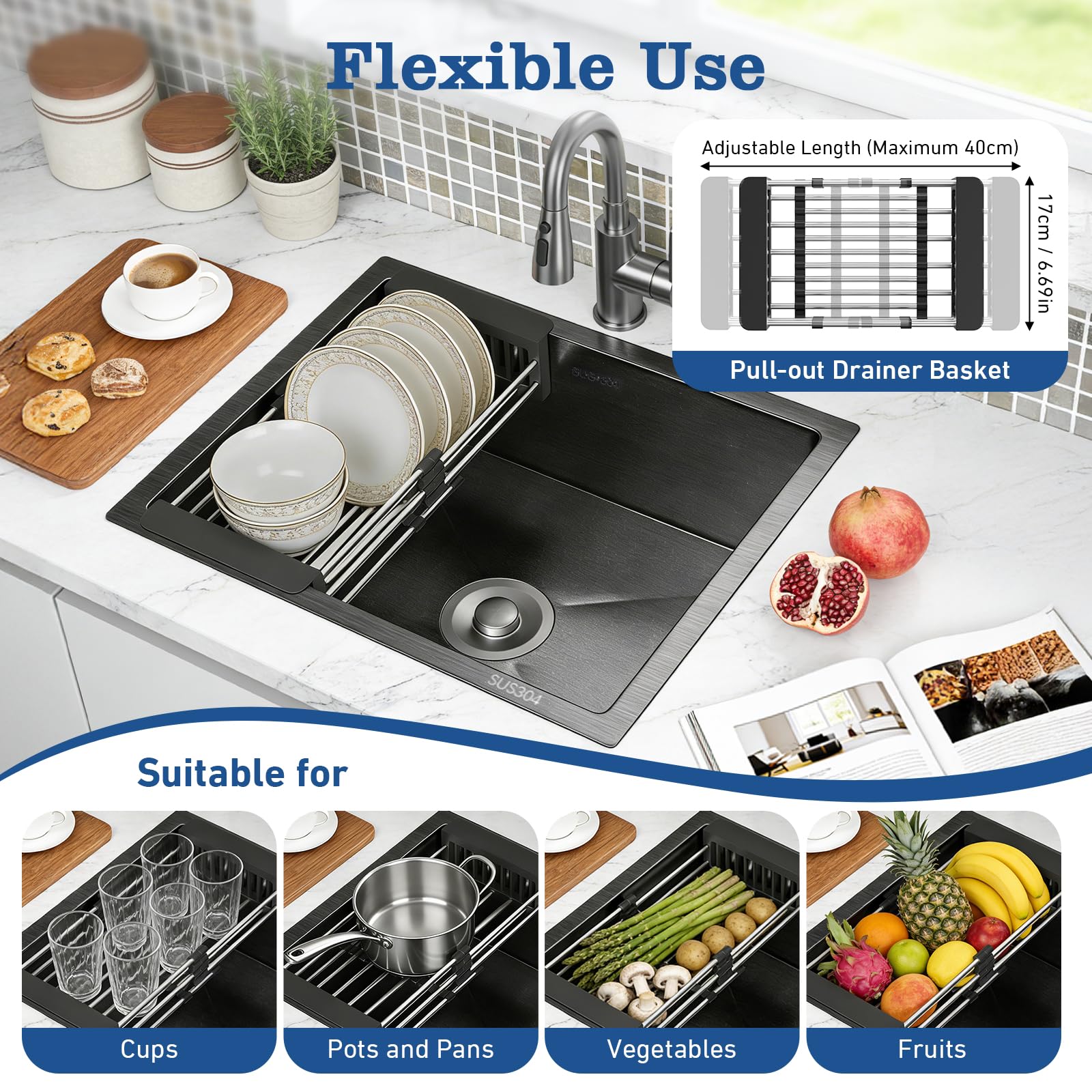 Fregadero de cocina de 50 x 43 cm, con kit de residuos, tubo de drenaje, cesta escurridora extraíble, estación de trabajo de acero inoxidable, apto para cocina, baño, caravana o viajes