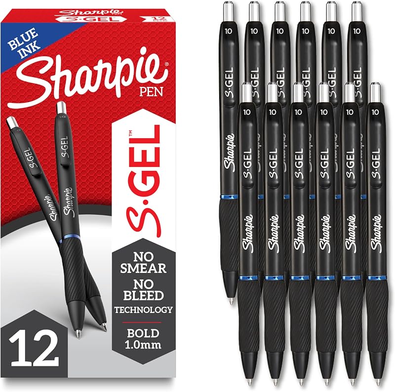 Sharpie S-Gel Bold Point Blue Gel Pens for Teachers, School & Office, Ideal Pens for Journaling, Drawing & Studying, Bold Point, 1.0mm, Smooth Writing, 12-Pack