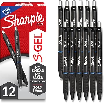 Sharpie S-Gel Bold Point Blue Gel Pens for Teachers, School & Office, Ideal Pens for Journaling, Drawing & Studying, Bold Point, 1.0mm, Smooth Writing, 12-Pack