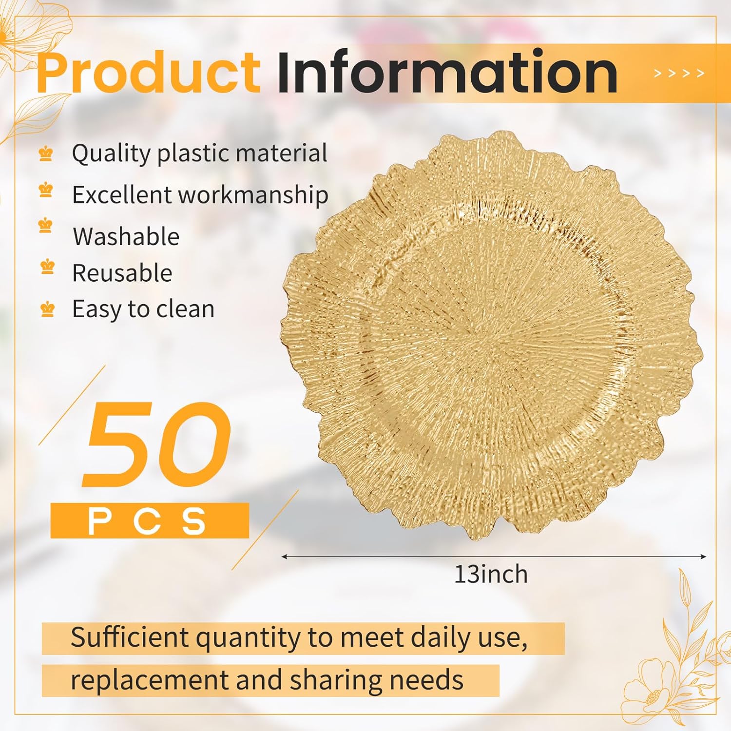 50 Pcs Gold Charger Plates Bulk, 13 Reef Plate Chargers for Dinner Plates, Plastic Floral Decorative Plates for Table Setting, Round Table Chargers for Wedding, Christmas, Party, Event, Decoration