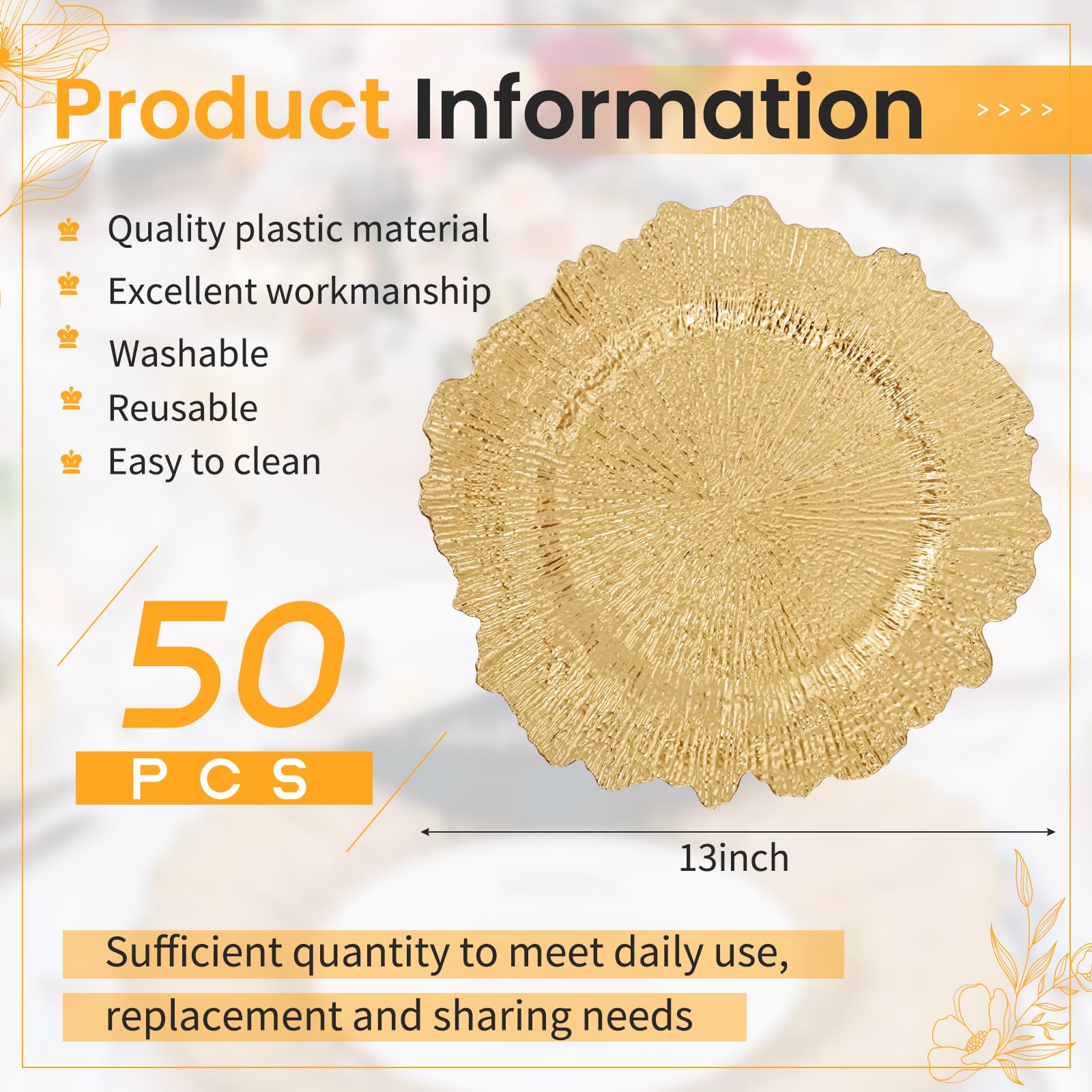 50 Pcs Gold Charger Plates Bulk, 13