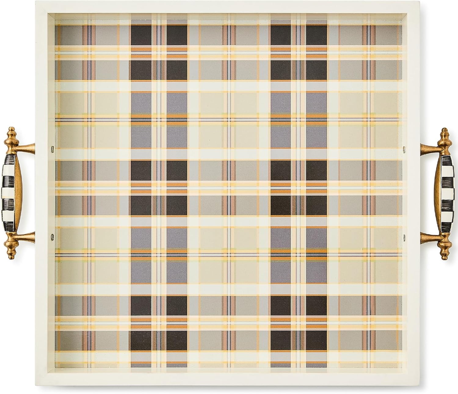 MACKENZIE-CHILDS Resin Serving Tray with Handles, Decorative Food Tray for Entertaining, Brown-and-White Mocha Tartan