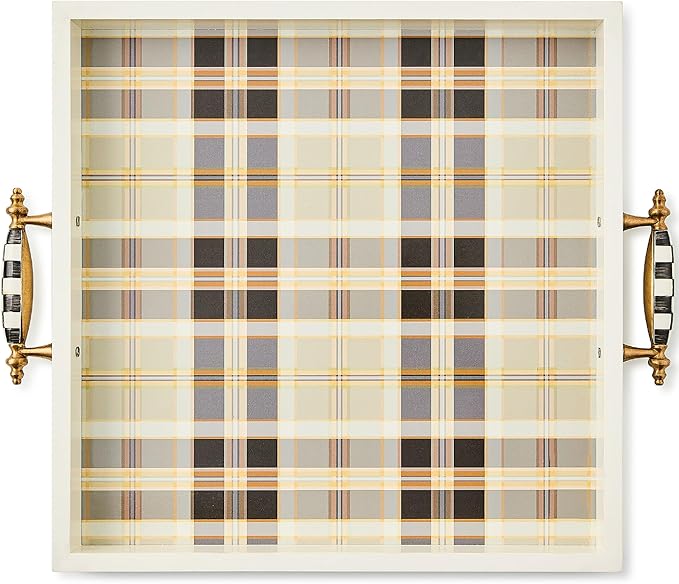 MACKENZIE-CHILDS Resin Serving Tray with Handles, Decorative Food Tray for Entertaining, Brown-and-White Mocha Tartan