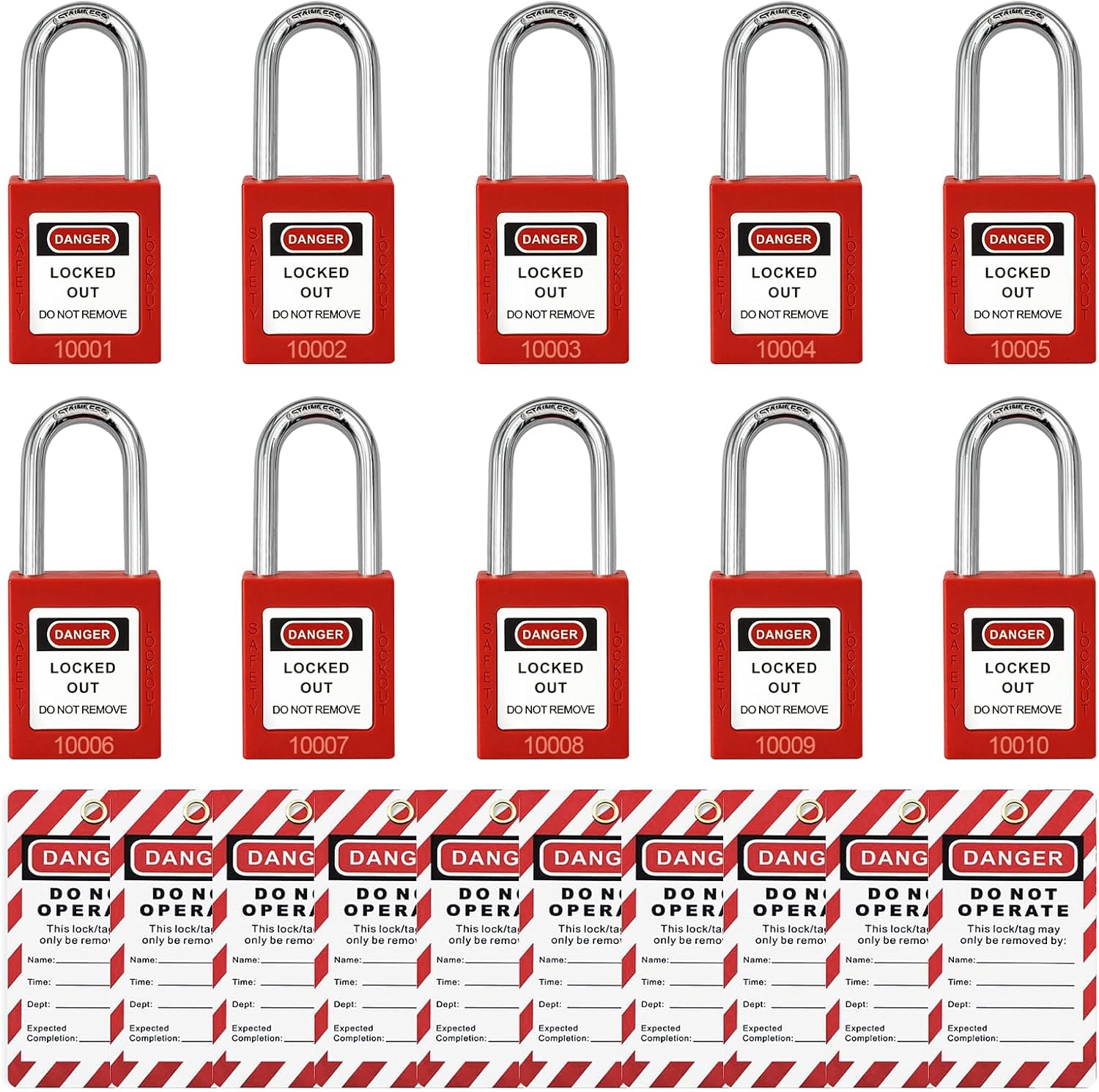 Lockout Tagout Locks Set, Keyed Different 2 Keys Per Lock, OSHA Compliant Safety Padlocks, Red, 10 Pcs Safety Padlocks with Lock Out Tag Out Tags for Loto Kit Stations and Devices, G01Tags