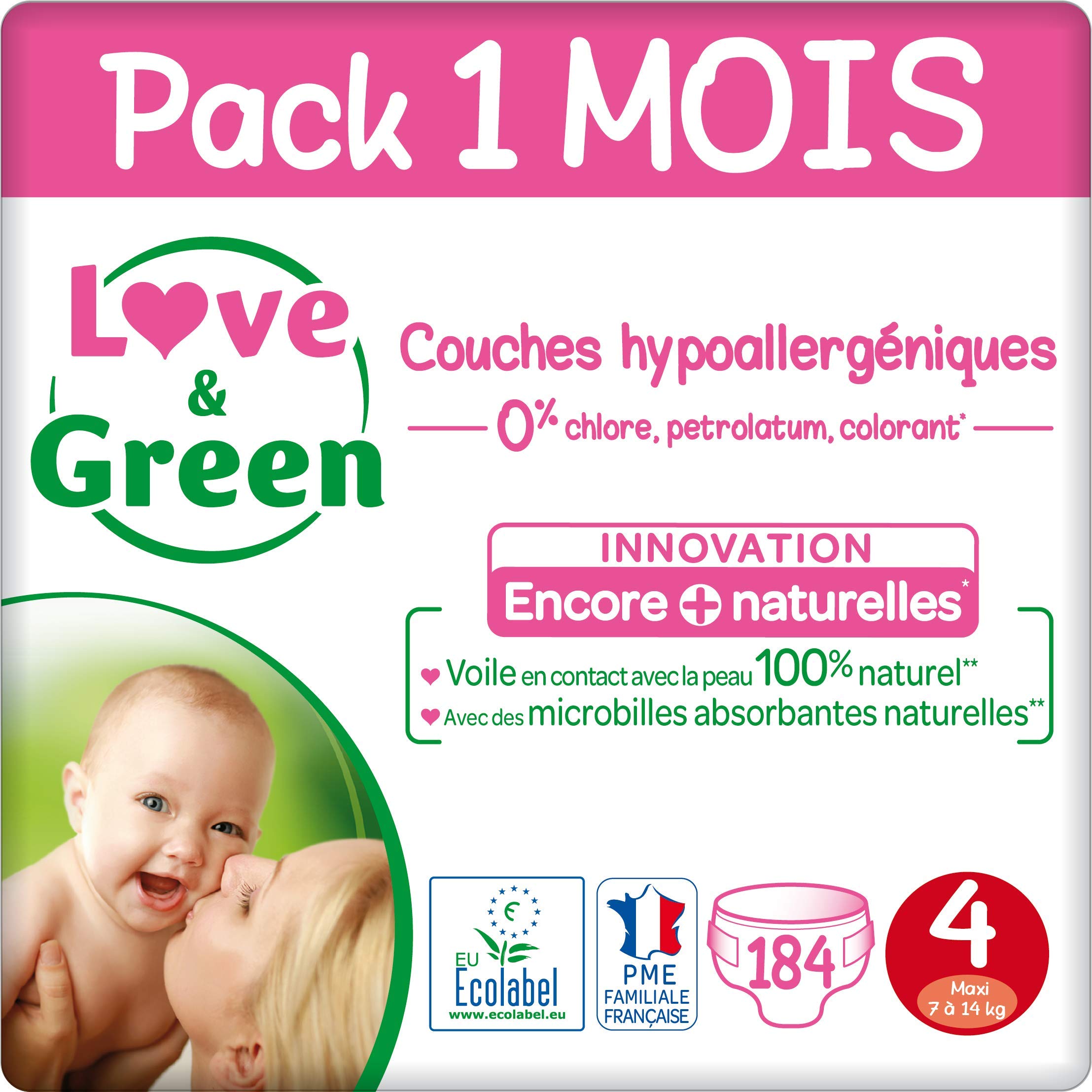 Couches Taille 4 (7-14 kg) - Pack 1 Mois (184 Couches)+Love & Green BIO Cotons Maxi Carrés x70