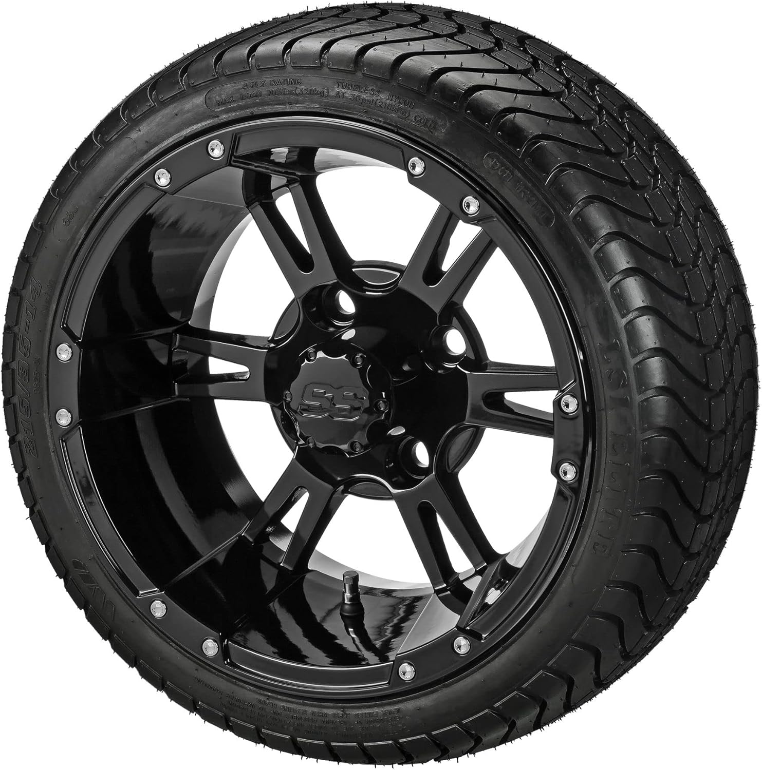 RM Cart 14" Raptor Gloss Black on 215/35-14 LSI Elite Tires (Set of 4) | Golf Cart Tires and Wheels Combo with Standard Lug Nuts