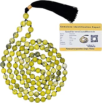 Certified Serpentine Crystal Japa Mala Ganthi - 108 Beads Buddhist Prayer Beads - AAA Grade Original Healing Gemstone Agate Mala for Yoga Meditation Spiritual Reiki Feng Shui