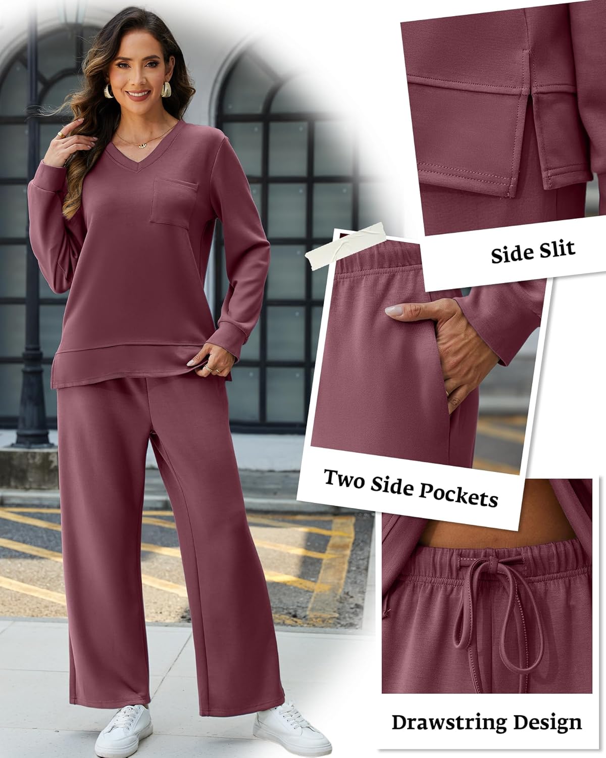 Women's 2 Piece Casual Lounge Sets Fall Travel Outfits V Neck Side Slit Tracksuit Wide Leg Loungewear Sweatsuit - Image 3