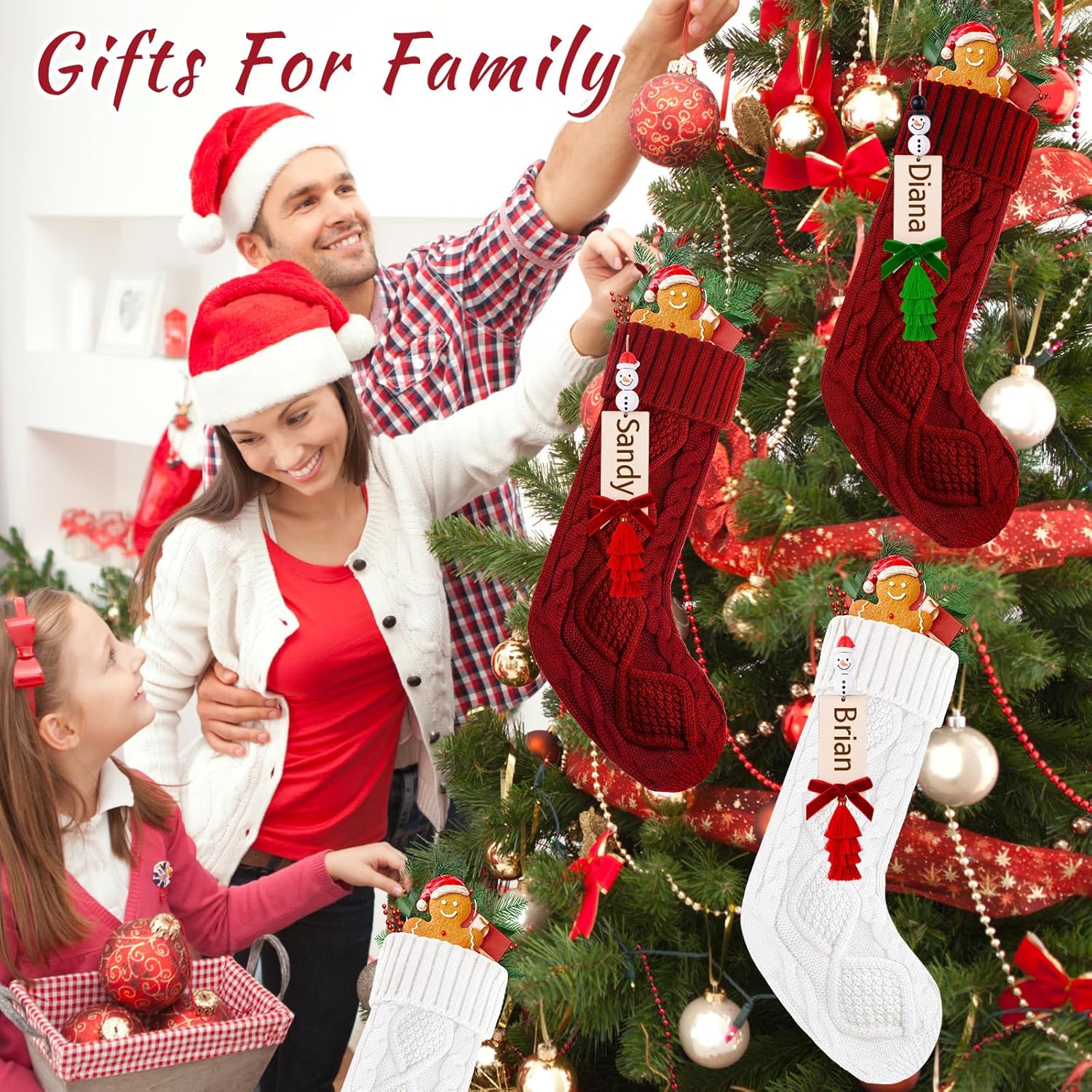 6 Pack Christmas Stockings 18 Inch Cable Knit Stockings with Personalized Snowman Name Tags, Red and White Large Xmas Hanging Stockings with Velvet Bows for Fireplace Mantel Holiday Family Decor