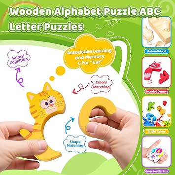 Melofaver Wooden Puzzle for Kids Ages 3-5, Animal Shape Alphabet Puzzle