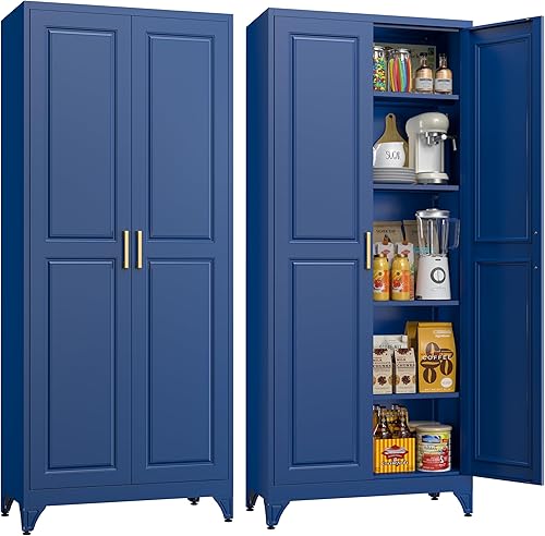 Miniatura 25 de Armario de almacenamiento de metal de 71 pulgadas de alto, armarios de almacenamiento de despensa de cocina con puertas y 4 estantes, armario de