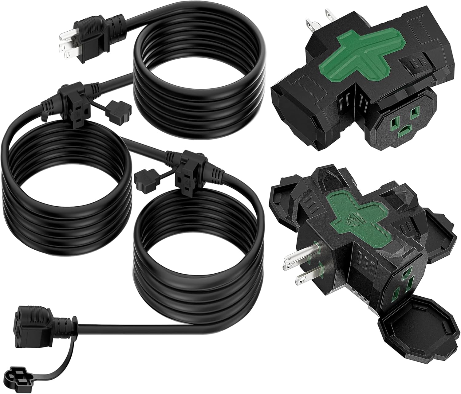 Outdoor Extension Cord 25 FT + Electrical Multi-Outlet, Evenly Spaced 3 Outlets Plugs, Indoor Outdoor Adapter with Protective Cover for Lights, Halloween Christmas Decorations