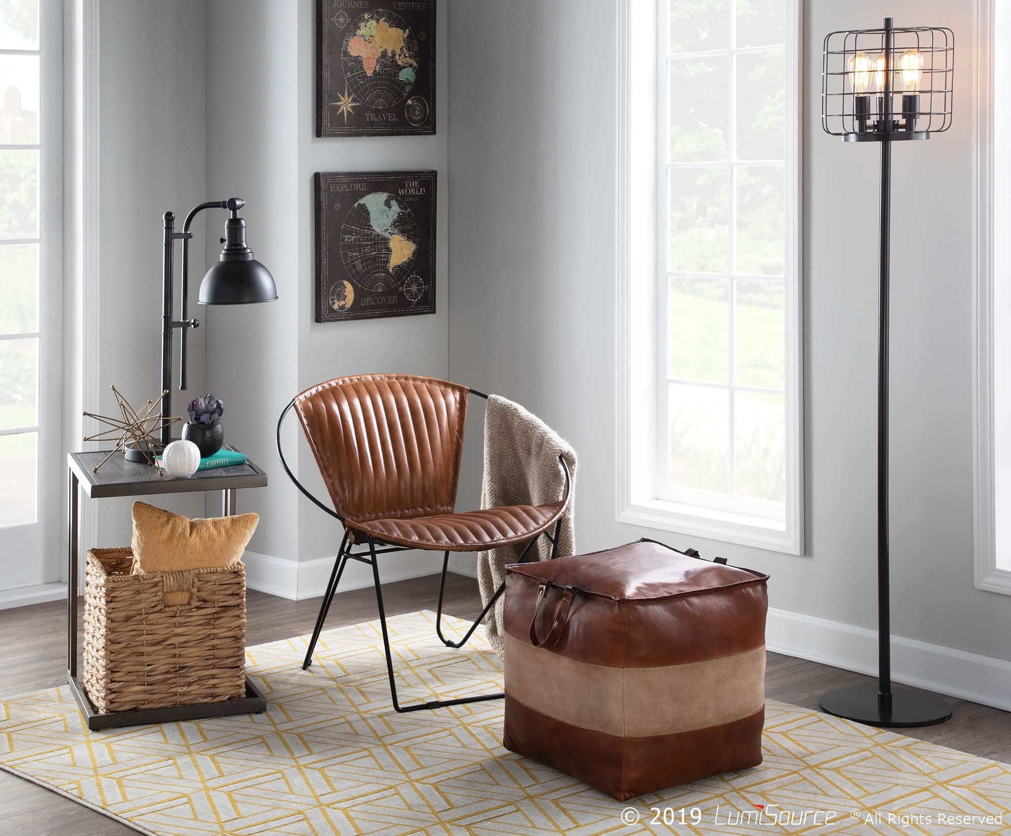 LumiSource Cobbler Pouf, Leather Ottoman, Small Ottoman with Handles, Square Ottoman Foot Rest, Pouf Ottoman, Foot Stool Ottoman, Foot Stool Ottoman for Living Room