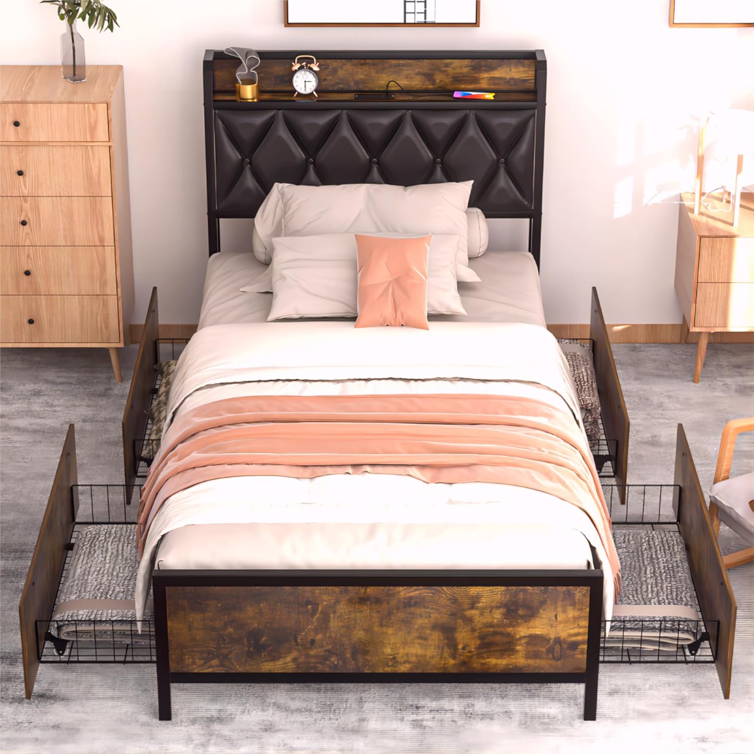 GAZHOME Queen Bed Frame with 4 Storage Drawers and Charging Station, Queen Size Upholstered Platform Bed Storage Headboard, No Box Spring Needed, Heavy Duty Slats, Noise Free, Easy Assembly