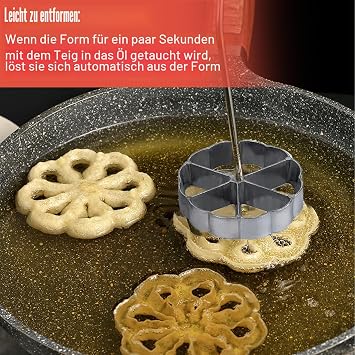 Set of 4 Rosette Waffle Irons Set Rosette Iron Diving Mould Traditional Dough Mould Bunuelos Set with Handle for Fried Waffles DIY Cookies Pastries Biscuits