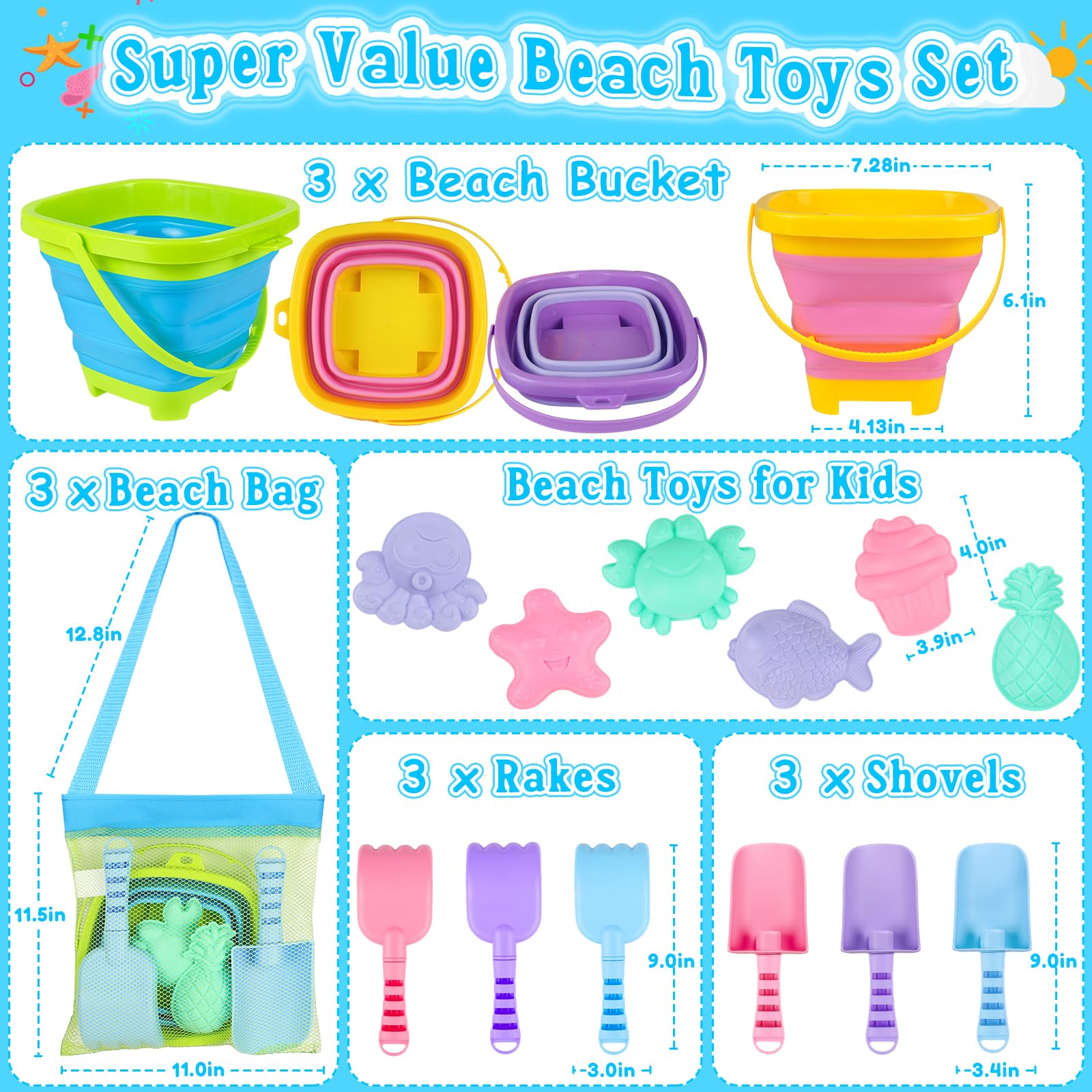 TSDATOWR Faltbares Strandspielzeug, 3 Silikon-Sandeimer für Kinder im Alter von 3–10 Jahren | Faltbare Eimer, Schaufeln, Formen und Netztasche für Strandutensilien, Sandkasten, Reisen, Multi-Szenen-Outdoor-Spielen
