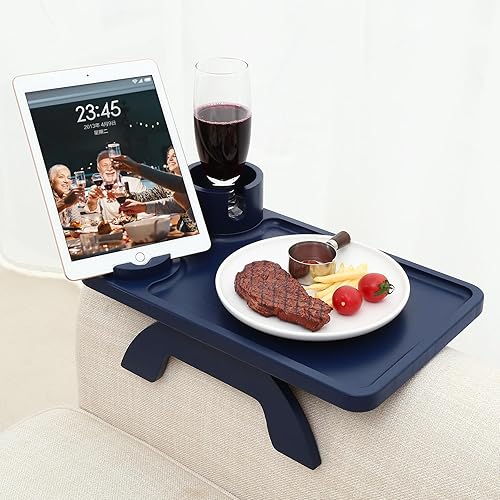 Miniatura 9 de Nnewvante Bandeja para portavasos de sofá, 3 en 1, grande, de 15.36 x 9.85 pulgadas, de madera de acacia, con clip para el brazo del sofá en la mesa