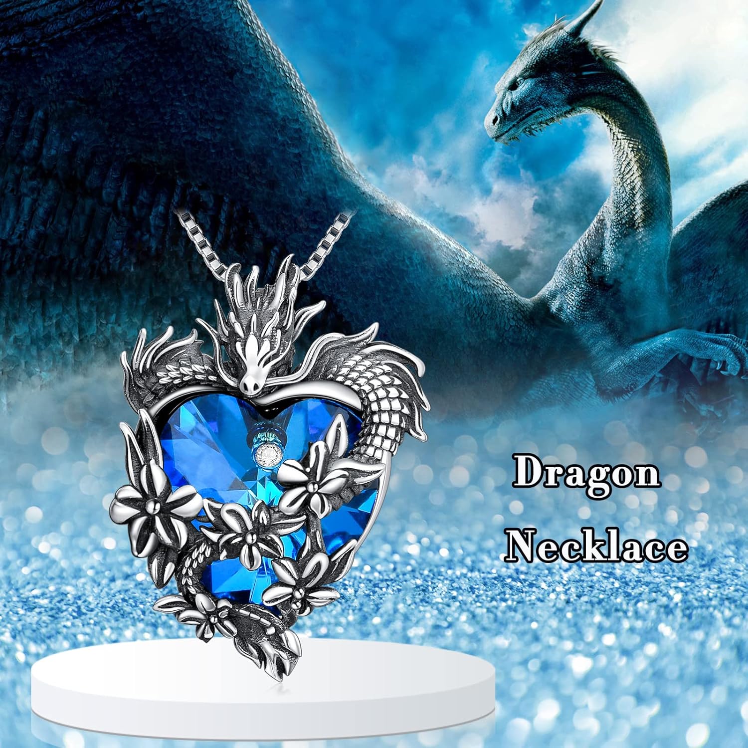 PROESS Dragon Necklace 925 Sterling Silver Heart Crystal Abalone Pendant Dragon Crystal Urn Necklace Jewelry Gifts for Women Men for Birthday Christmas