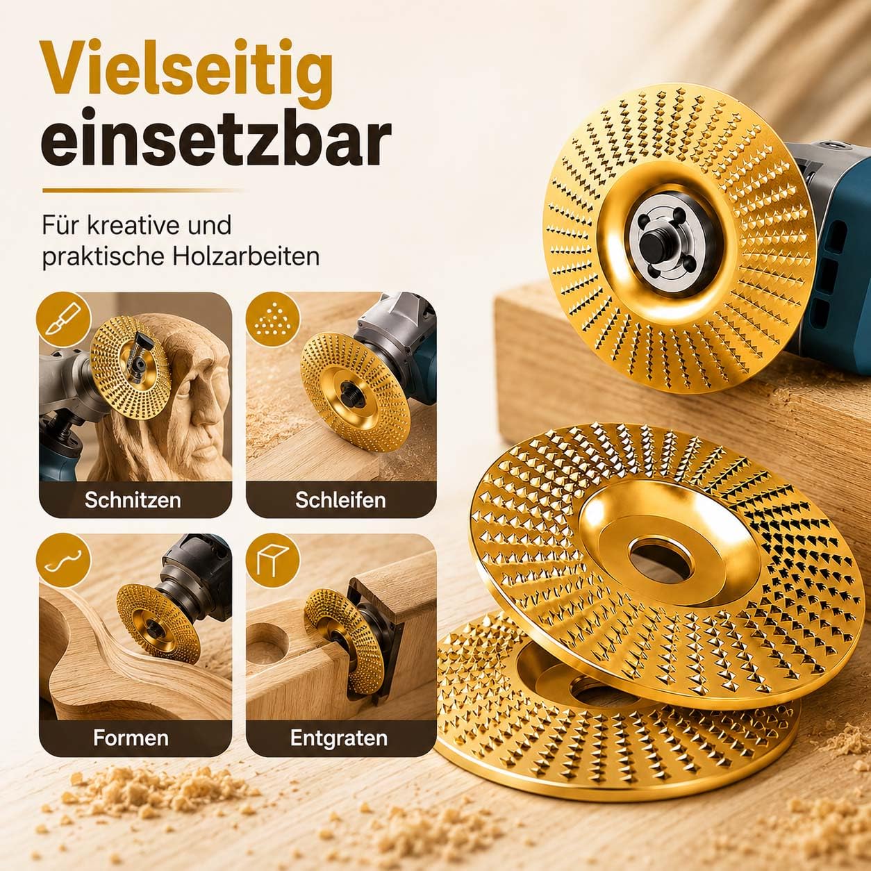 Wolframkarbid Holzschleifscheibe 125mm für Winkelschleifer, Holzschnitzscheibe mit 22,2 mm Bohrung, Raspelscheibe Holz zum Schleifen, Formen, Schnitzen, Entgraten und Trimmen von Holz (3 Mix)