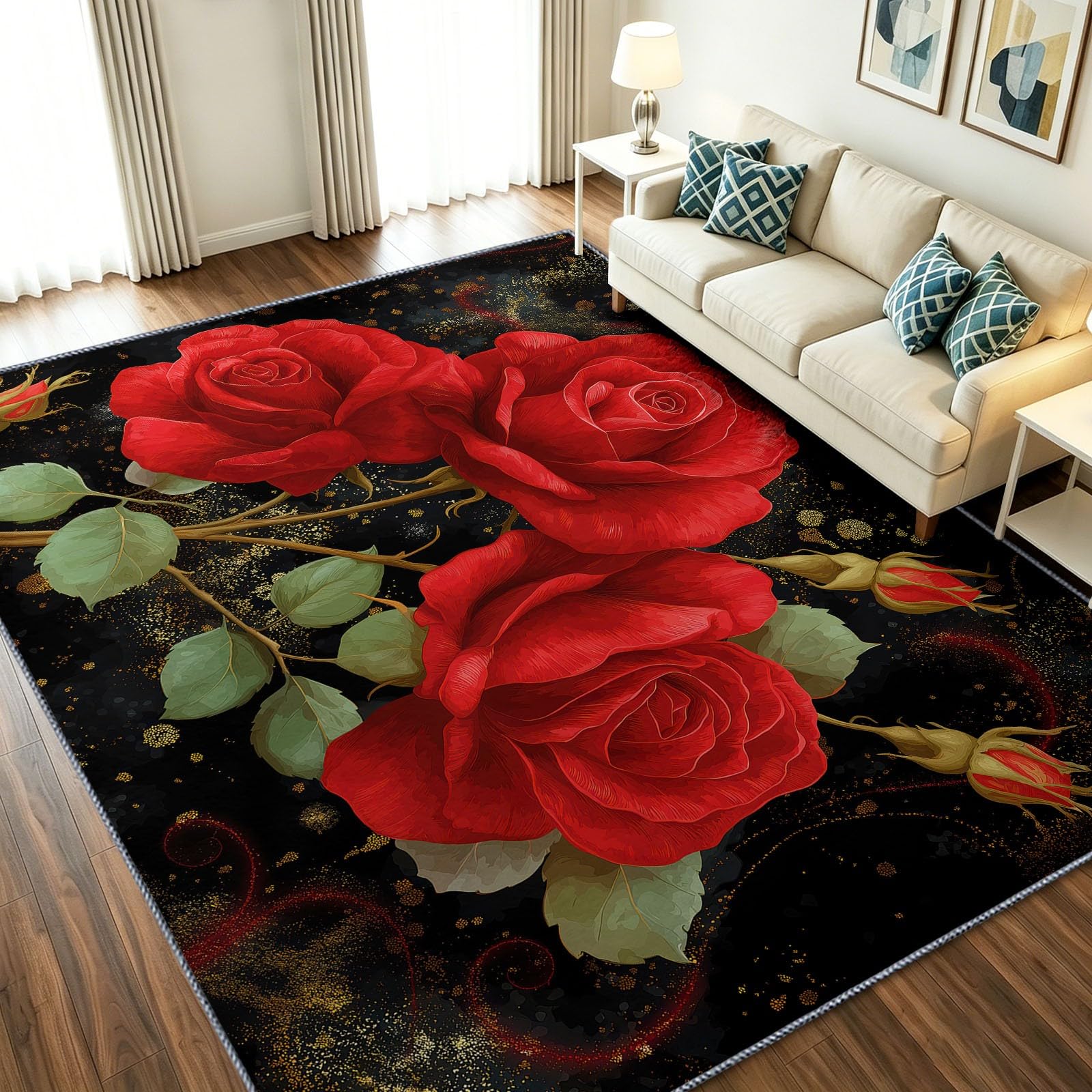 Alfombra de dormitorio transitable negra de 90x150 con estampado floral decorativo