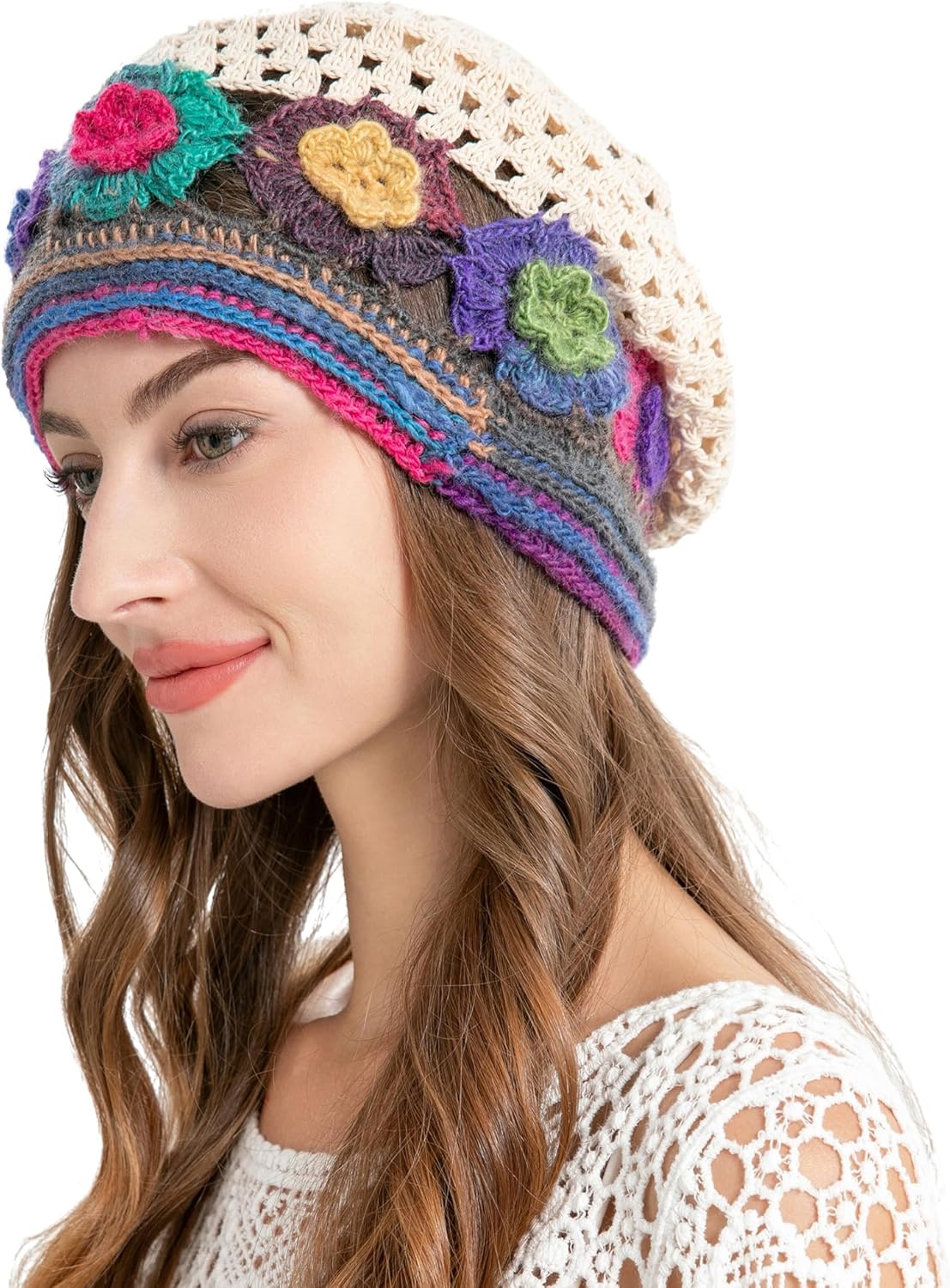 ZLYC Women's Handmade Crochet Slouchy Beanie Hat - 100% Cotton Summer Skull Cap with Floral Pattern