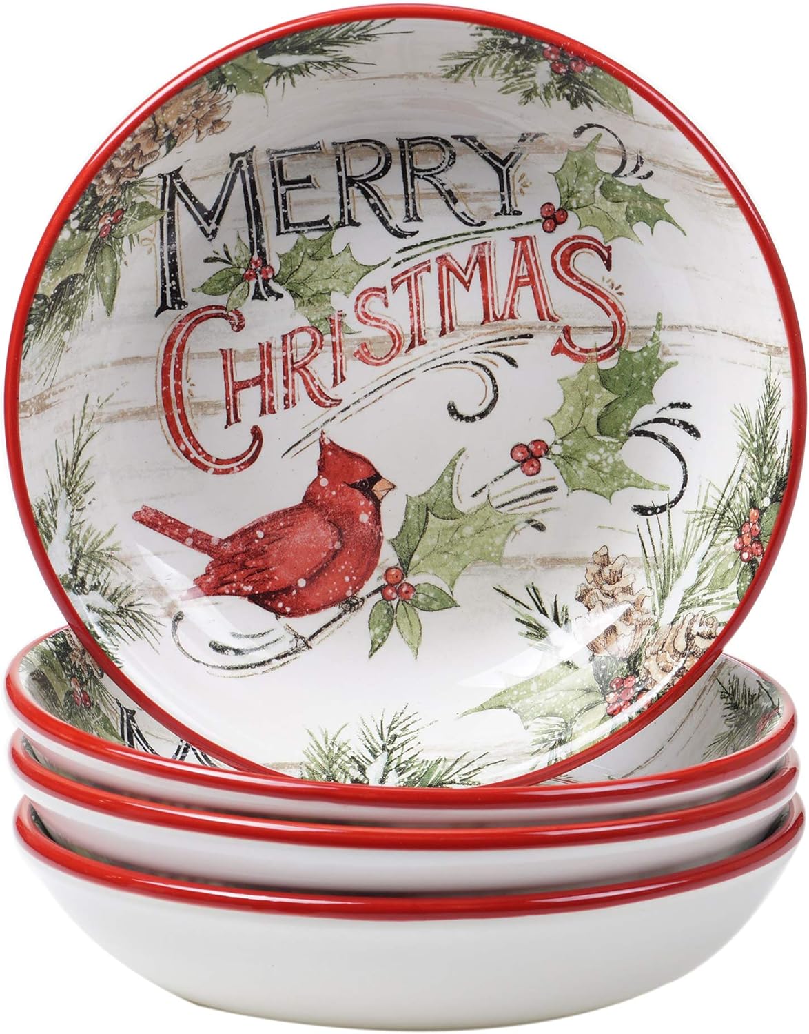 Evergreen Christmas 36 oz Ceramic Soup & Cereal Bowls – Set of 4 – Festive Red Cardinal and Holly Design – Holiday Serveware for Hearty Winter Meals and Holiday Table Settings