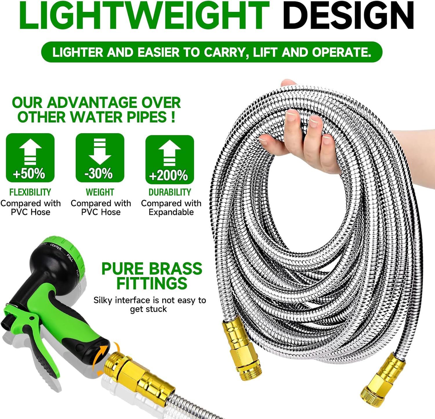 150ft Metal Stainless Steel Garden Hose Heavy Duty WaterHose Kink Free Yard Hose Pipe with 2 Nozzles, Durable 3/4 Brass Fittings, Sturdy and Lightweight, Rust Proof for Lawn, Outdoor, RV