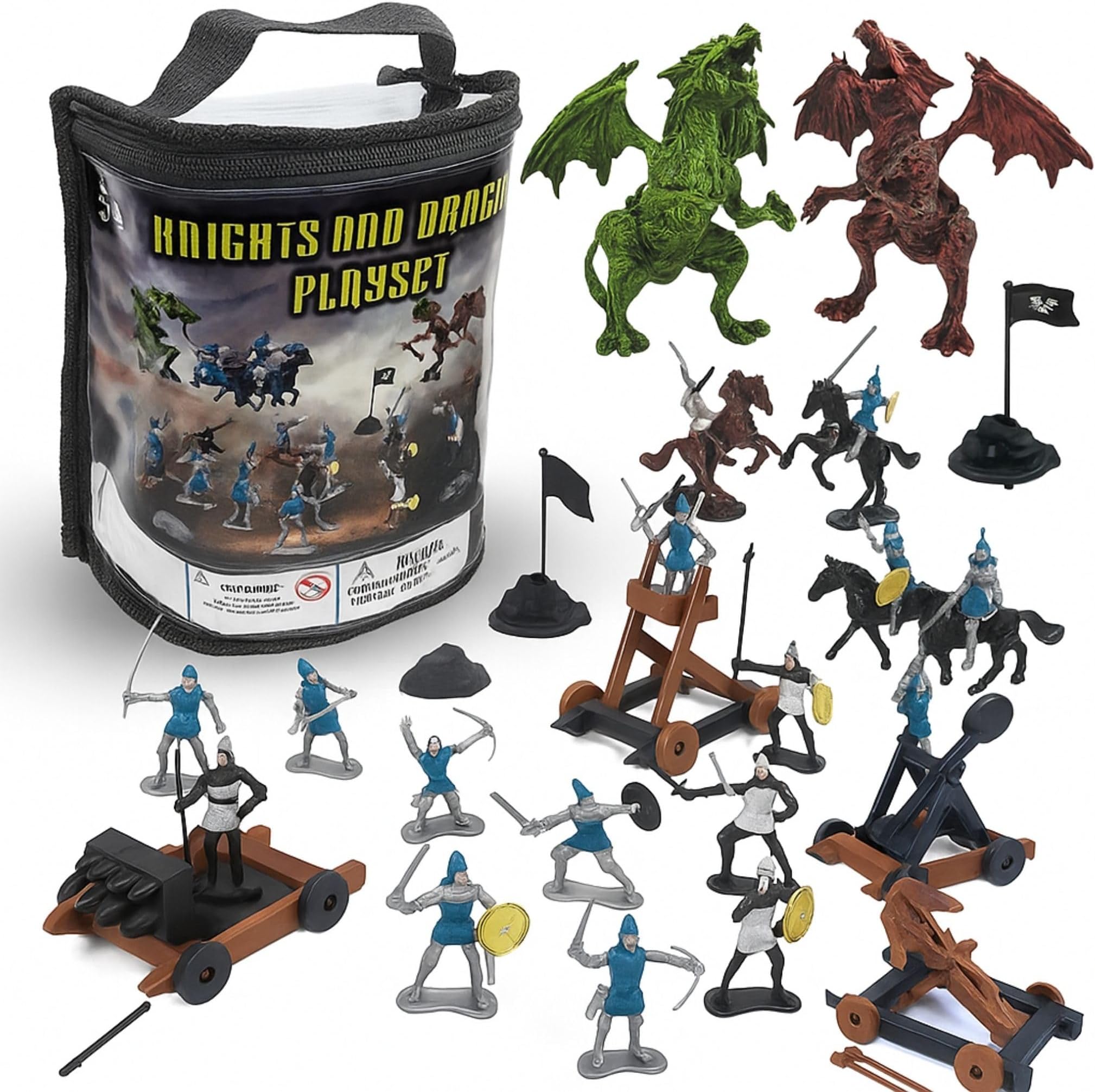 Medieval Knights and Dragons Figures Playset – 42 Plastic Fantasy Soldier Figurines and Accessories Toys for Toddlers, Kids Imaginary Play Battles