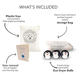 Friendsheep Wool Dryer Balls, Organic Reusable Fabric Softener Alternative for Laundry, Handmade, Fair Trade, Hypoallergenic, Eco-Friendly, Plastic-Free (3 Pack XL - Penguin)