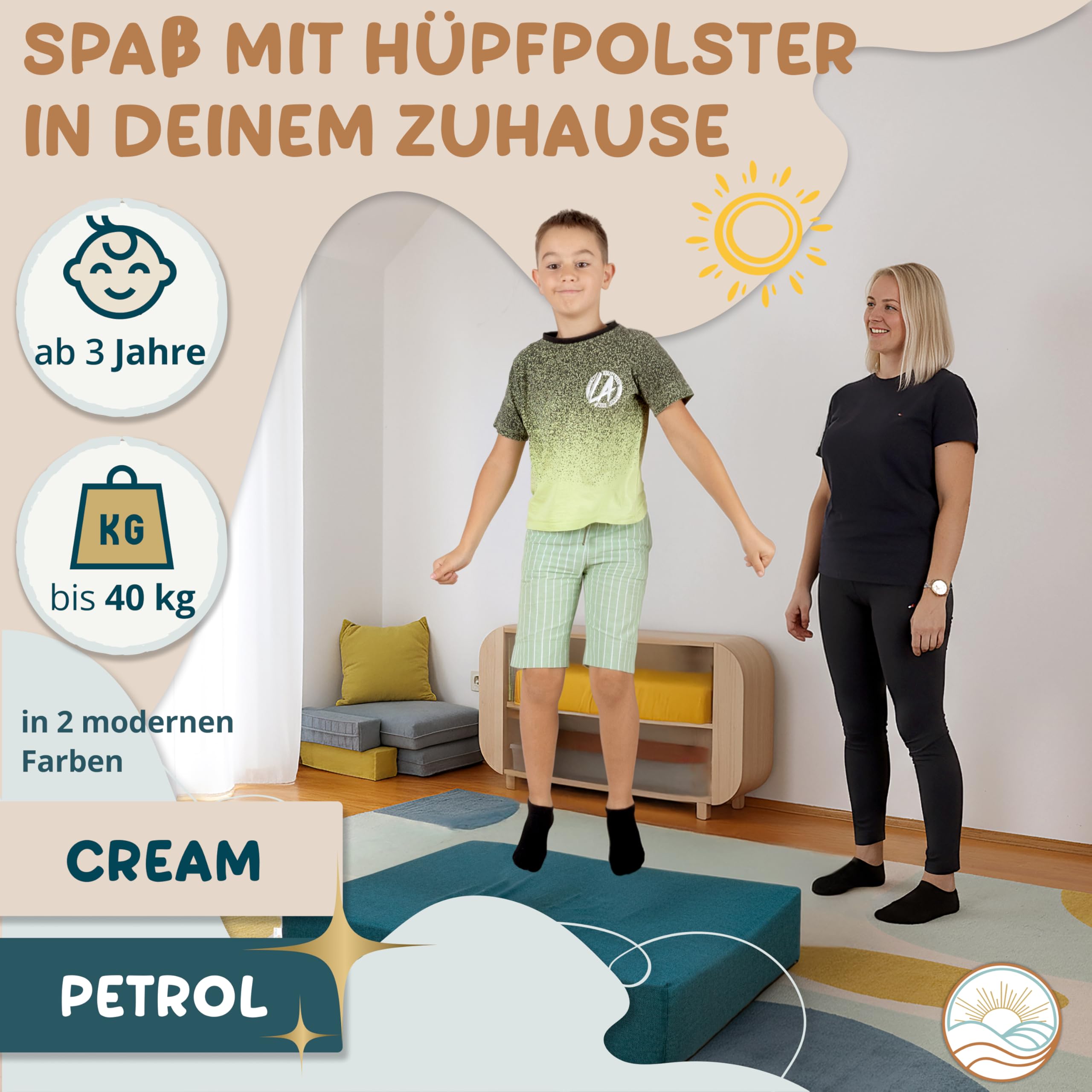 Hüpfpolster für Kinder – Sichere Hüpfmatratze & Oeko-TEX zertifiziertes Hüpfkissen | Made in EU, waschbar & Anti-Rutsch | Freude für Kinder & Entspannung für Eltern - 100x75x18 cm (Petrol)