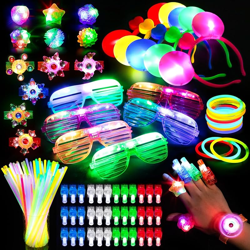 Mocoosy Glow in the Dark Party Supplies for Kids, Light Up Party Favors With Glow Sticks, Glasses, LED Bracelet, Finger Light, Ring, Headbands, Neon Toys Bulk Party Pack for Birthday, Halloween, Raves