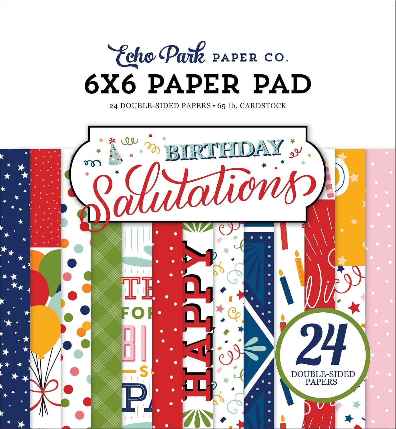 Echo Park Double-Sided Paper Pad 6"X6" 24/Pkg-Birthday Salutations IS264023, white, 1