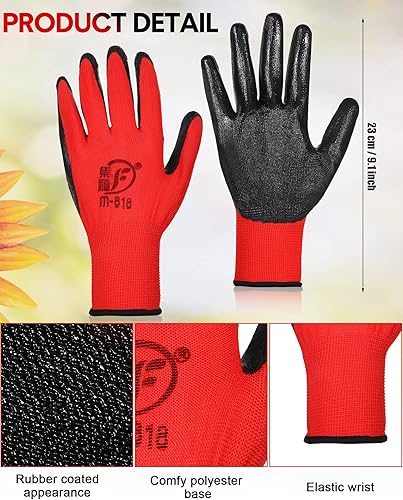 Vista 2 de Honeydak 36 pares de guantes de jardinería para hombres y mujeres, guantes de jardín con revestimiento de goma transpirable Rojo