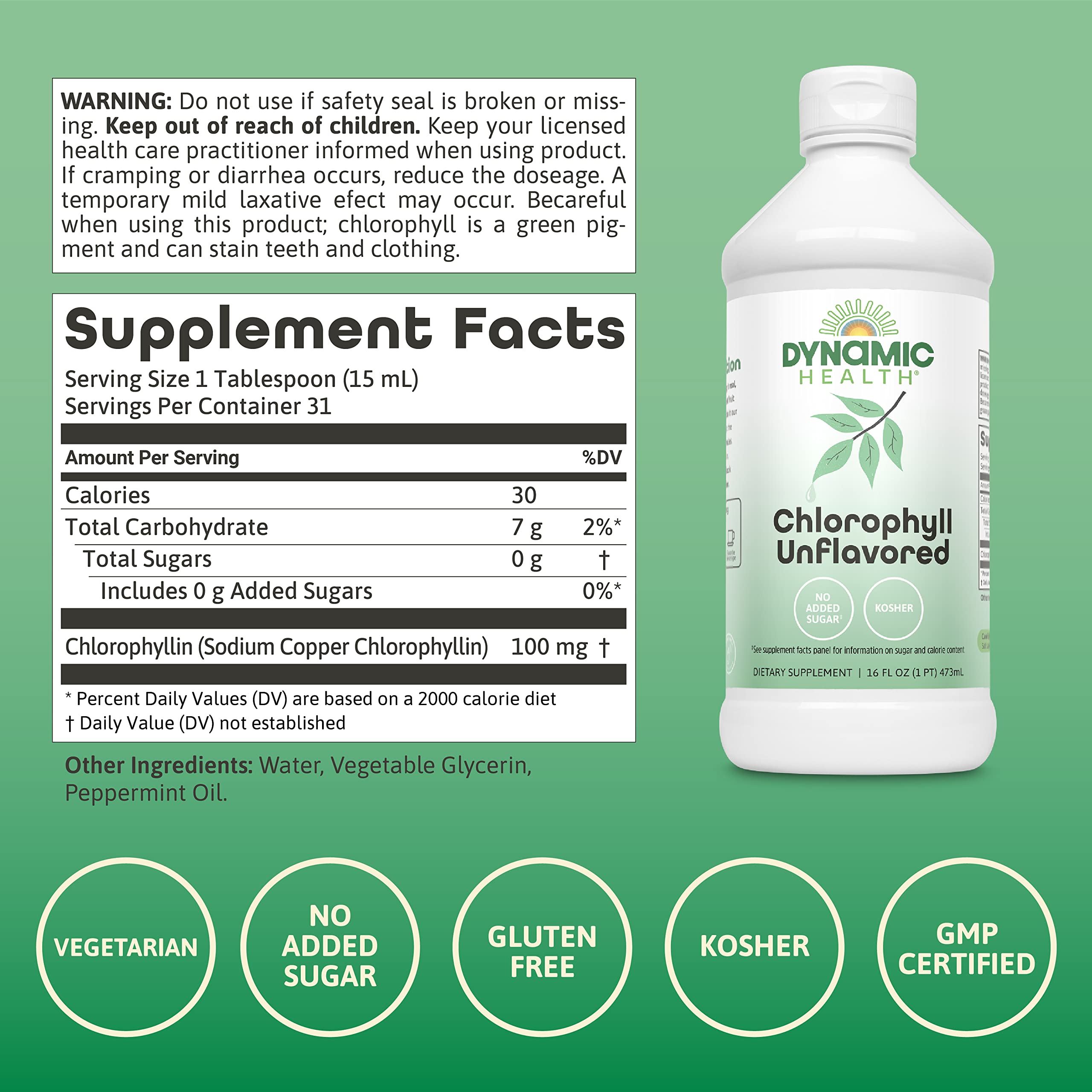 Dynamic Health Liquid Chlorophyll Unflavored 100 mg, Sodium Copper Chlorophyllins with Alfalfa and Mulberry Leaves, Plant Cleanse and Deodorizing, No Added Sugar, 16 Fl Oz — Amazon image 3