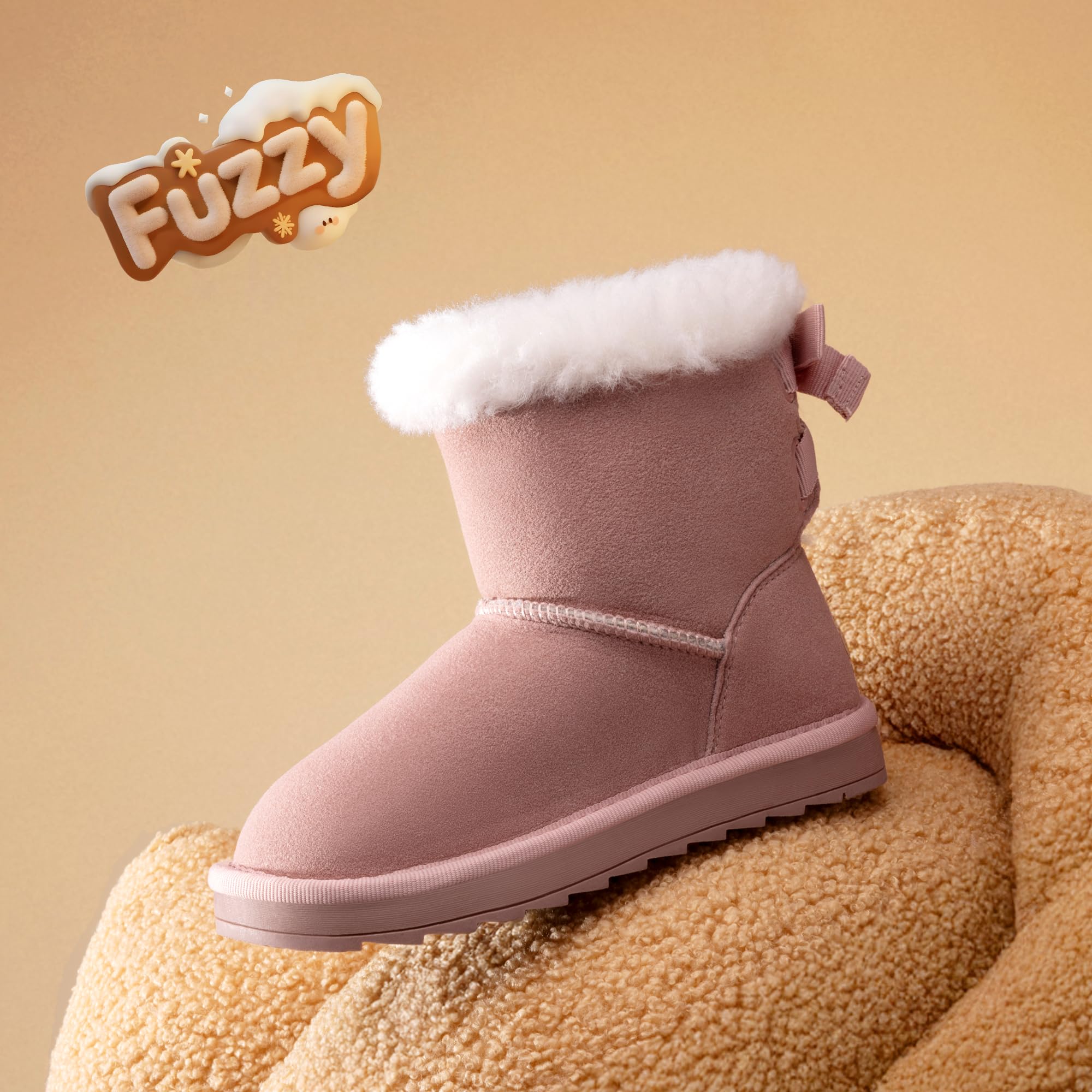 DREAM PAIRS FuzzyChic - Stivali invernali da bambina, in pelliccia sintetica, con fiocco | Stivaletti per bambini piccoli/grandi, comodi, alla moda, leggeri