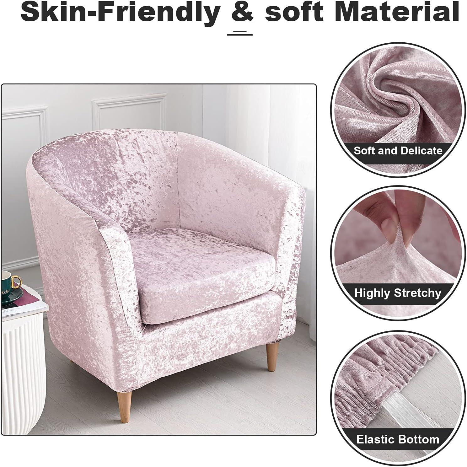 MIFXIN 2 Piece Tub Chair Covers Crushed Velvet Stretch Club Chair Slipcover with Cushion Cover Round Barrel Chair Couch Armchair Furniture Protector for Living Room Club Bar Counter (Pink)