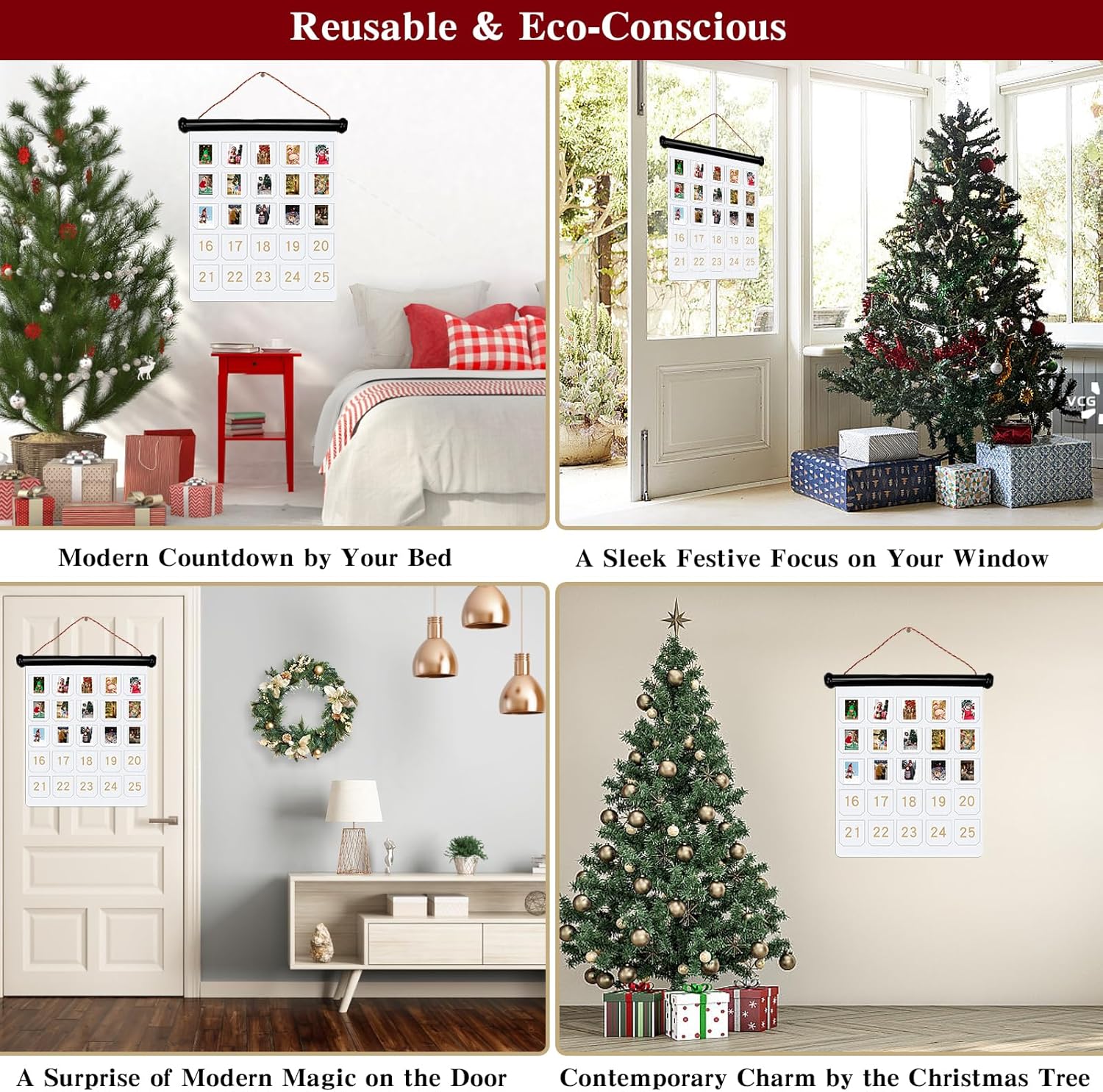 Christmas Photo Countdown Advent Calendar, Reusable Display for Wall, Home and Kitchen Seasonal Décor (Felt)