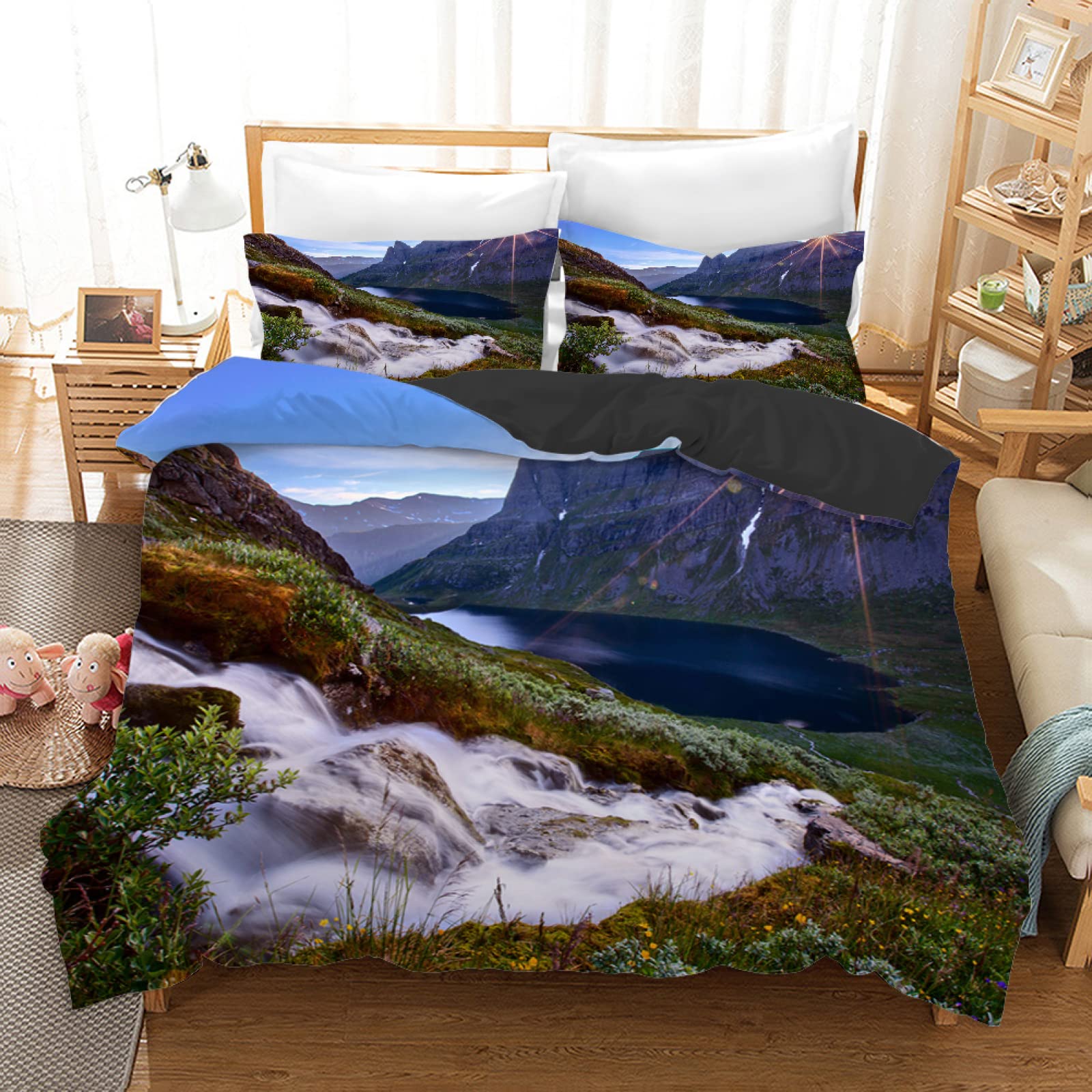 Housse de couette 160x200 microfibre parure de lit 3 pièces montagne bleue