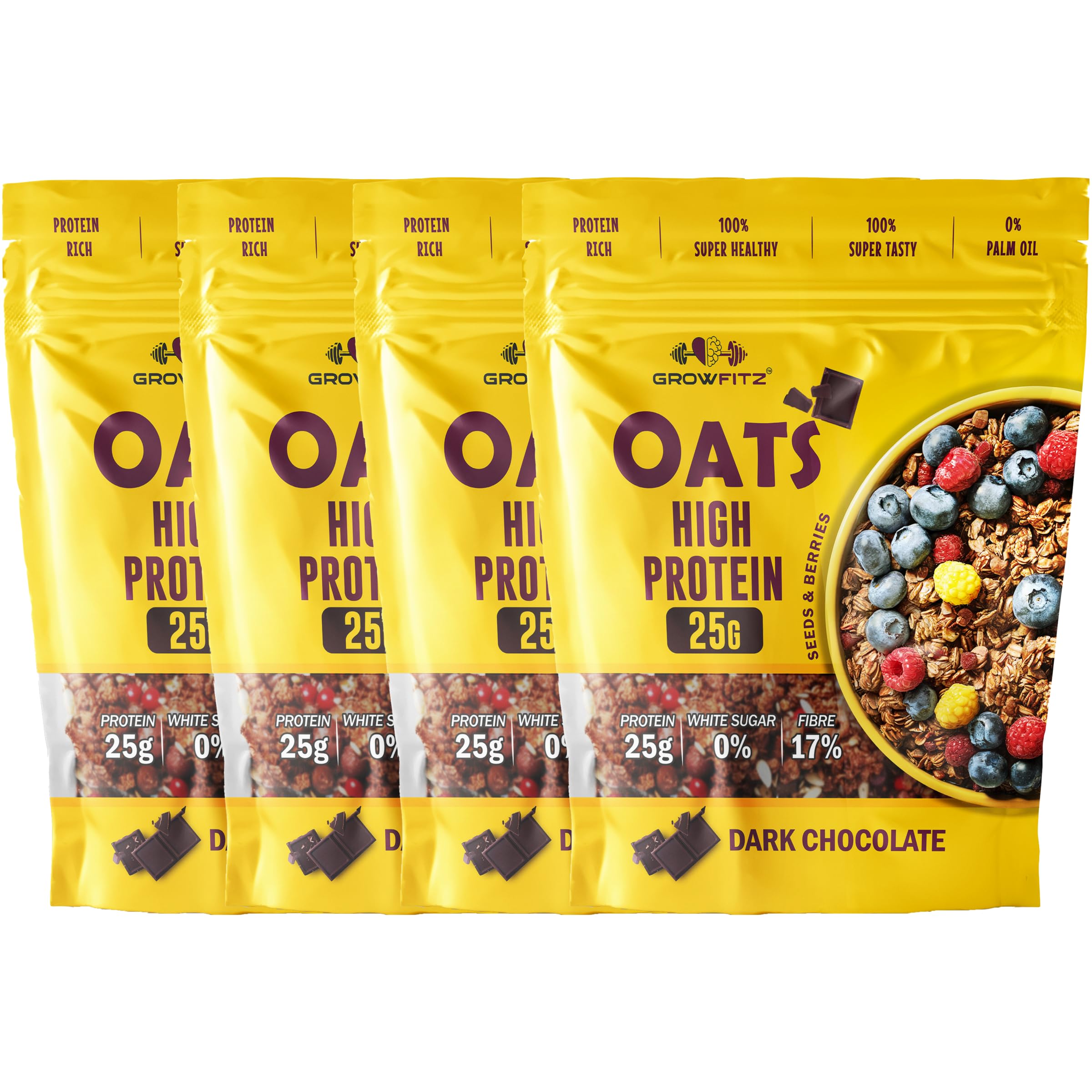 Growfitz 25g High Protein Oats 800 Gram, Pack of 4 | Dark Chocolate Oatmeal | 17g Fiber, No Sugar, With Almonds, Raisin, Pumpkin and Chia Seeds & Healthy Fats | Super Rolled Oats | Breakfast Cereals