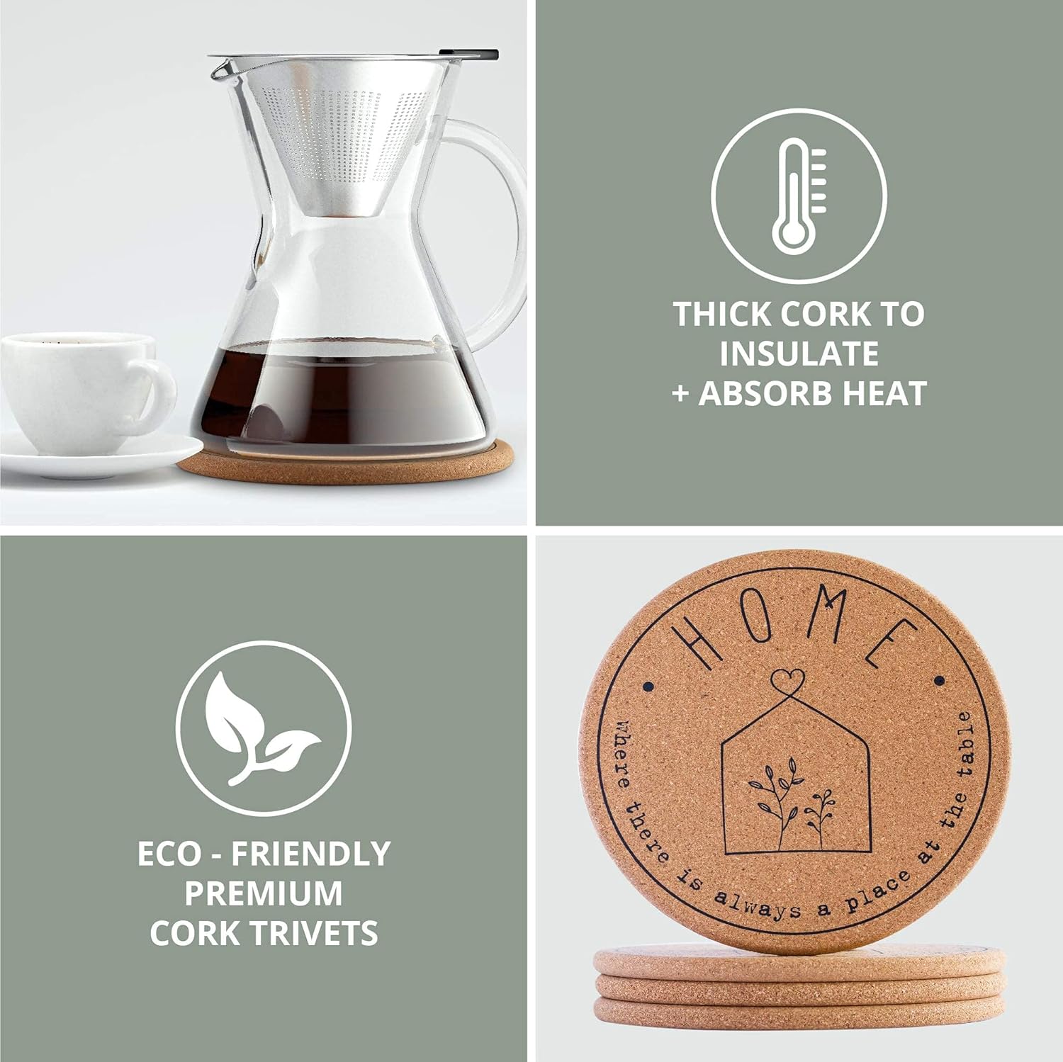 Perfect Housewarming Gift - Cork Trivet Hot Pads for Kitchen Counter | Set of 4 | 7.3 inches | Farmhouse Holder for Hot Dishes