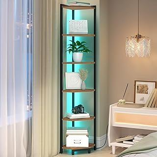 Corner Shelf with LED Light, 6-Tier Corner Bookshelf, Tall Narrow Displa...