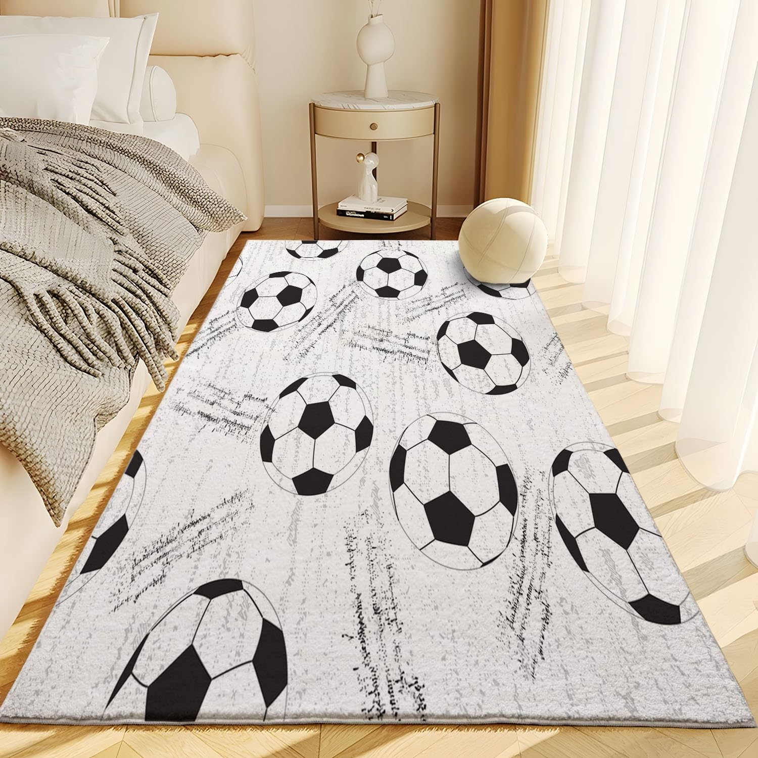 Luxus Soft Flauschiger Area Teppich 80cm x 150cm Indoor Shaggy rutschfeste Teppiche Schwarz-Weiß-Fußball Design Wohnkultur für Wohnzimmer Schlafzimmer Kinderzimmer Wohnzimmer
