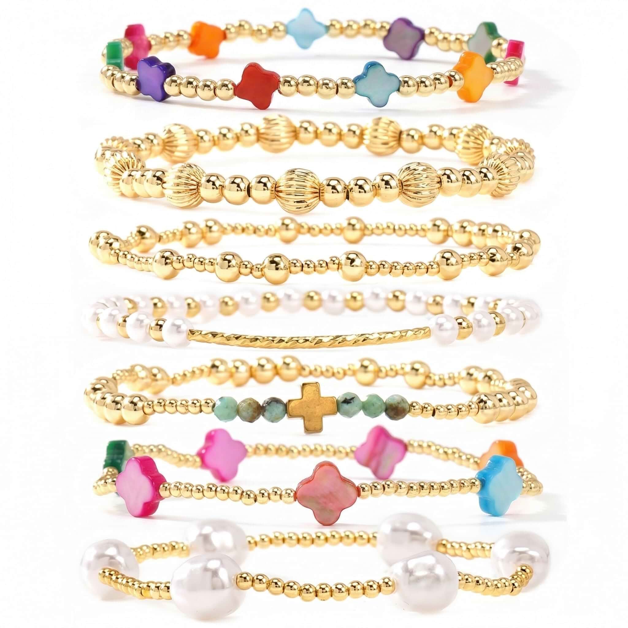 Dainty Cross Clover Gold Beaded Pearl Bracelet Stack for Women,Handmade Boho Gold Plated Beads Stretch Stackable Bracelets Fashion Birthday Prom Jewelry Accessories Gift Friendship