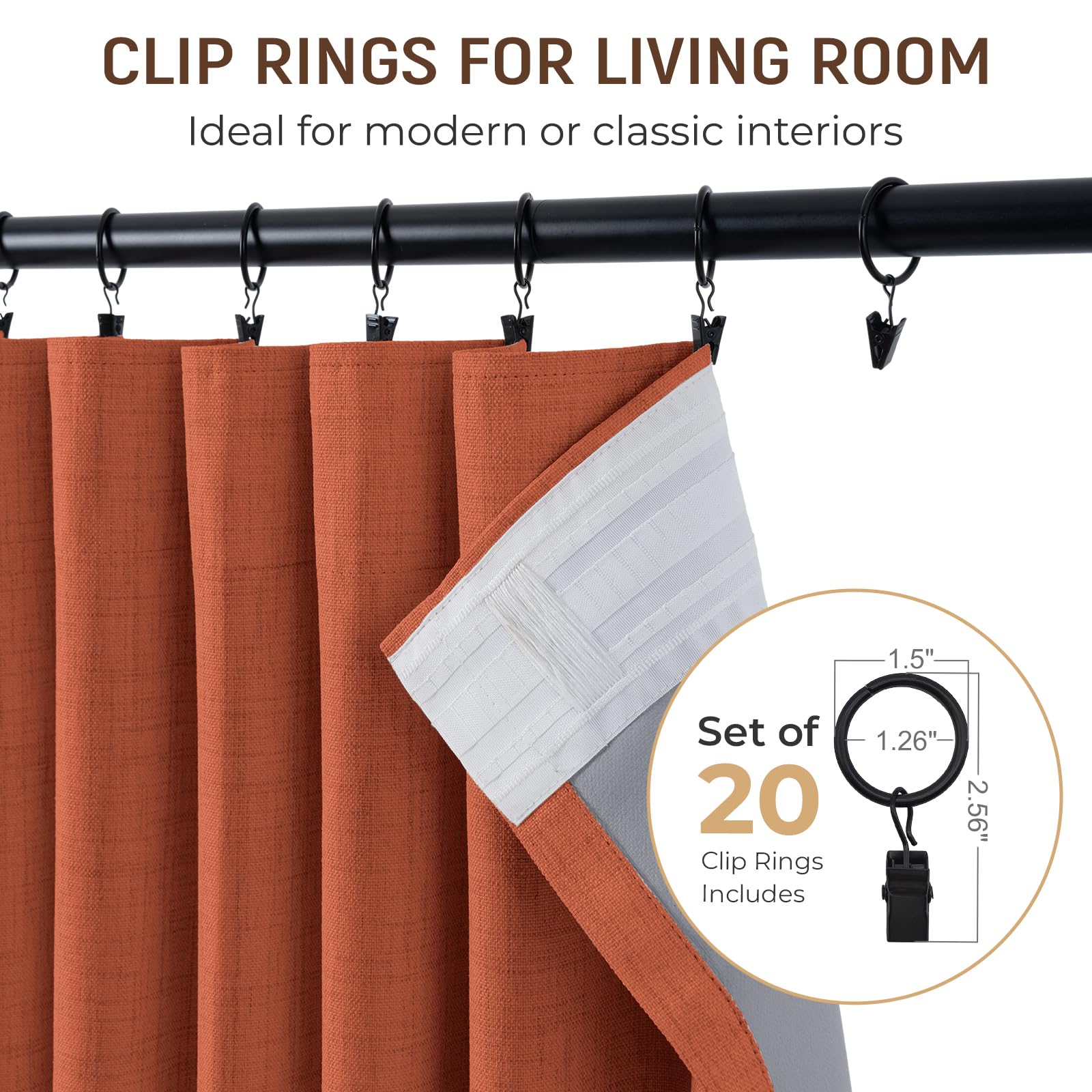 Lot de 2 rideaux 100 % occultants pour chambre à coucher, rideaux en faux lin à isolation thermique avec anneaux à clip et passe-tringle, pour salon ou salon (127 x 160 cm, orange)