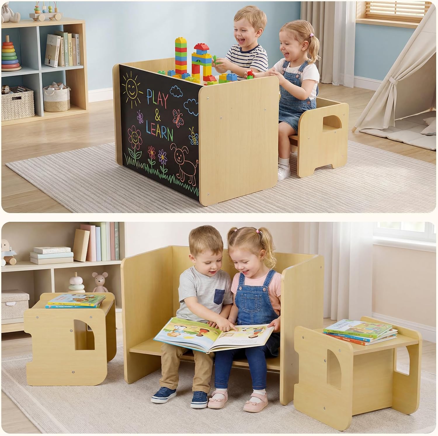 Olakids Montessori Weaning Table and Chair Set, Adjustable Height Kids Activity Desk with Blackboard 2 Chairs for Toddler Aged 1-3, Ideal for Step Stool Drawing Reading (Natural)