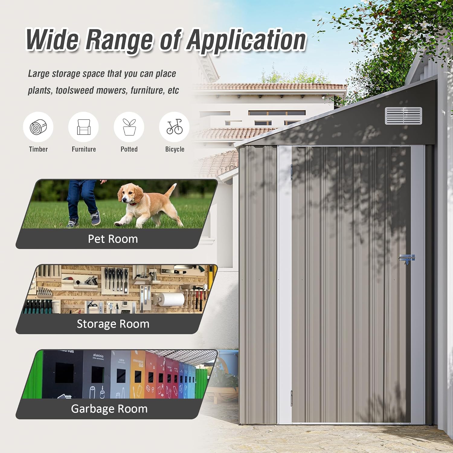 KEIKI 4' x 8' Outdoor Metal Storage Shed, Lean-to Garden Shed with Single Hinge Door & Ventilation, All-Weather Utility Shed for Bikes, Toys, Garbage Cans, Tools (Dark Gray)