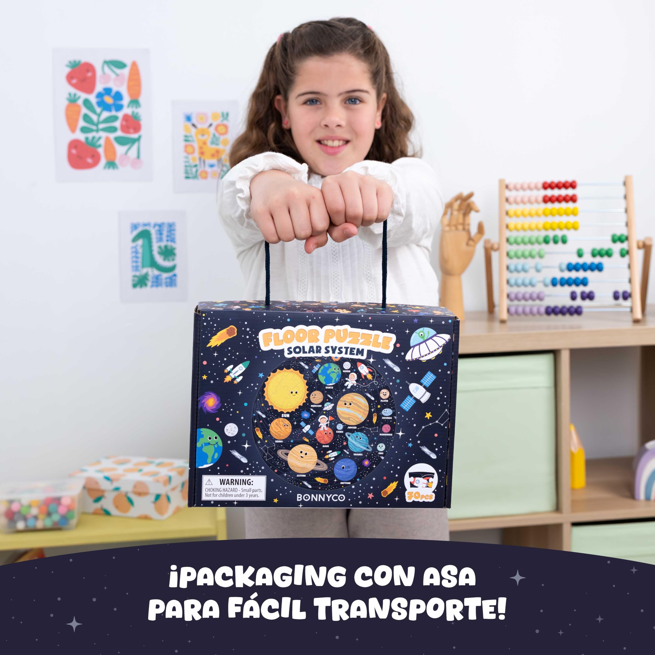 BONNYCO Puzzle XXL Sistema Solar para Niños con 70 Piezas Grandes. Rompecabezas Redondo Planetas 58 x 58 cm, 15 Tarjetas, 4 Figuras y Guía. Juegos Educativos, Regalos, Juguetes Niños 4 Años