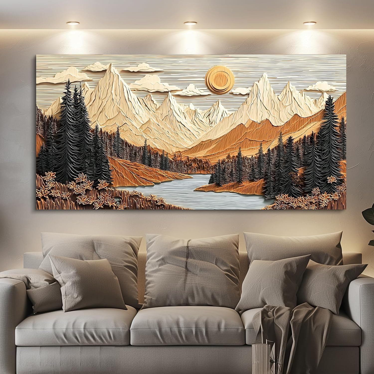 lianyibo Large Canvas Wall Art Modern Mountain Lake Landscape Painting Abstract Pictures Artwork Living Room Home Decor(90x180/Inner frame)